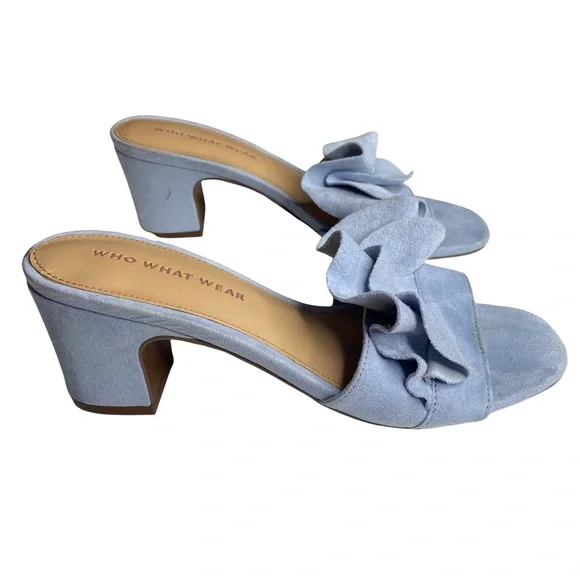 new Who What Wear ꧁ Zadie Ruffled Mule Heels Slide In Sandals ꧂ Blue Vegan Suede - Picture 6 of 16